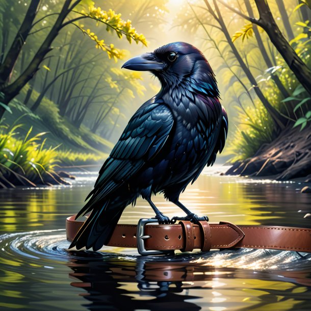 Drawing of a crow in a belt in the river