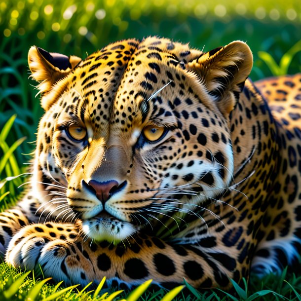 Picture of a sleeping of a leopard on the field