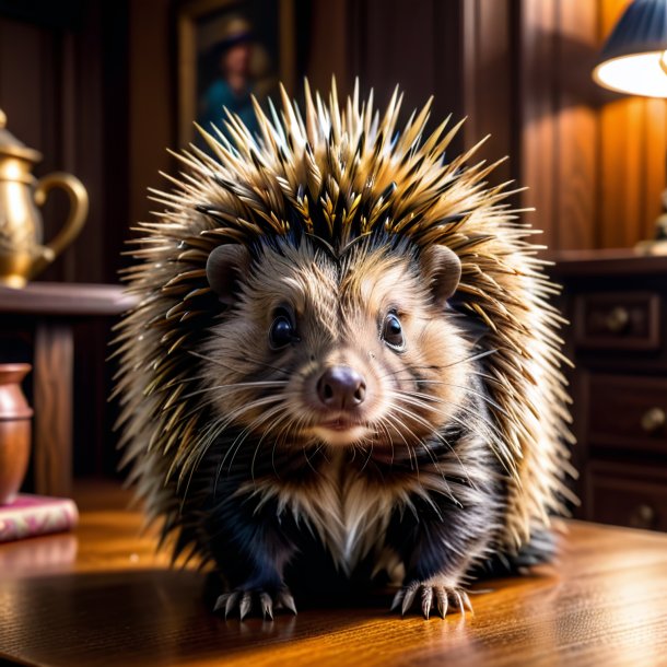 Photo of a porcupine in a cap in the house