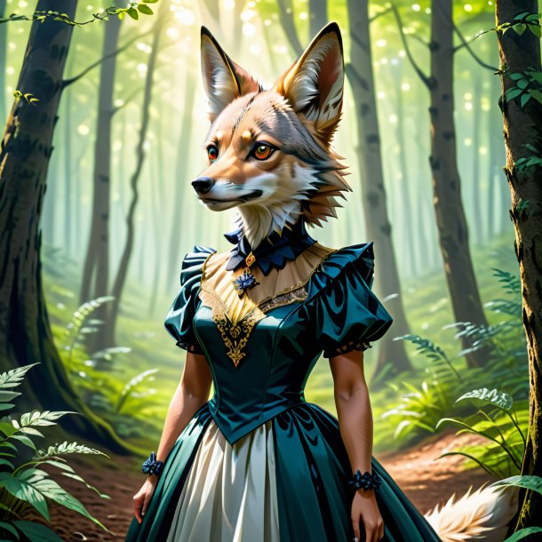 Ilustración de un chacal en un vestido en el bosque