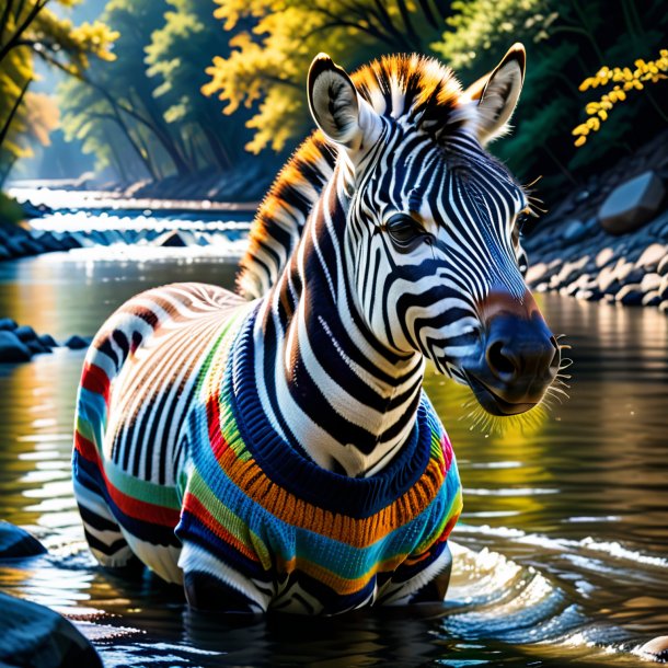 Photo of a zebra in a sweater in the river