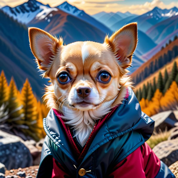 Picture of a chihuahua in a coat in the mountains