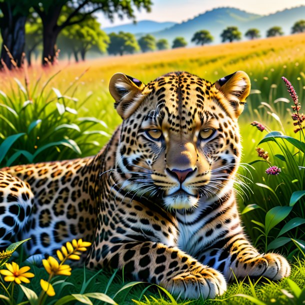 Pic of a sleeping of a leopard in the meadow