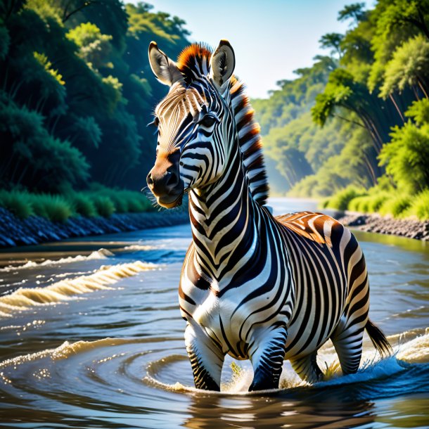 Photo of a zebra in a belt in the river