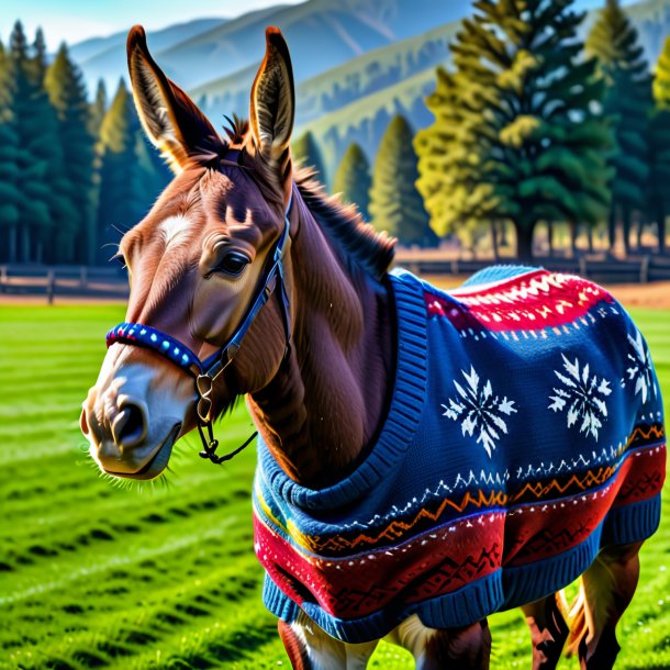 Image of a mule in a sweater on the field