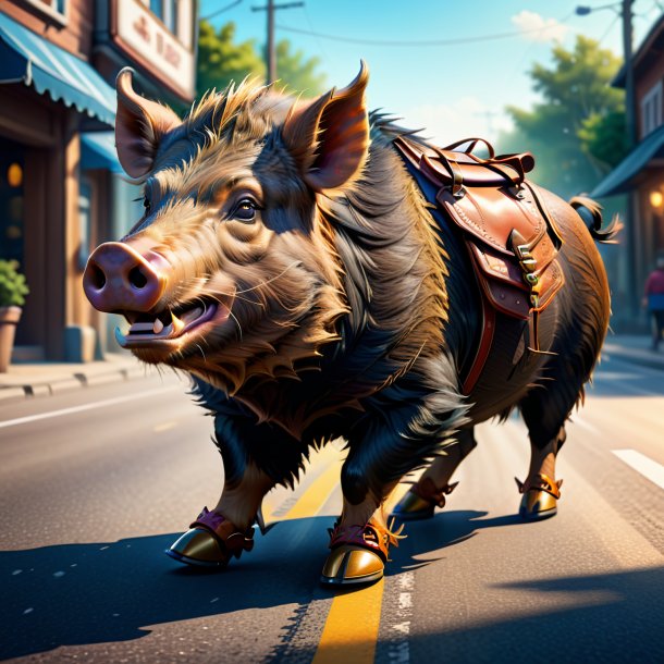 Illustration of a boar in a shoes on the road