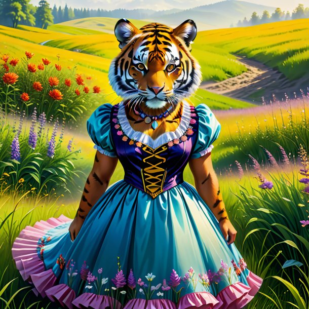 Desenho de um tigre em um vestido no prado