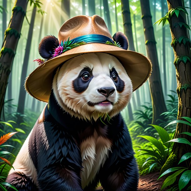 Pic of a giant panda in a hat in the forest