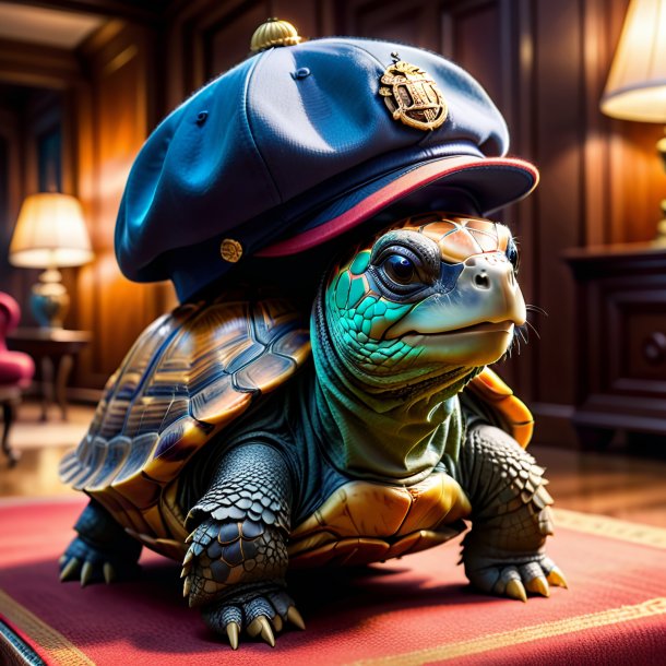 Pic d'une tortue dans une casquette dans la maison