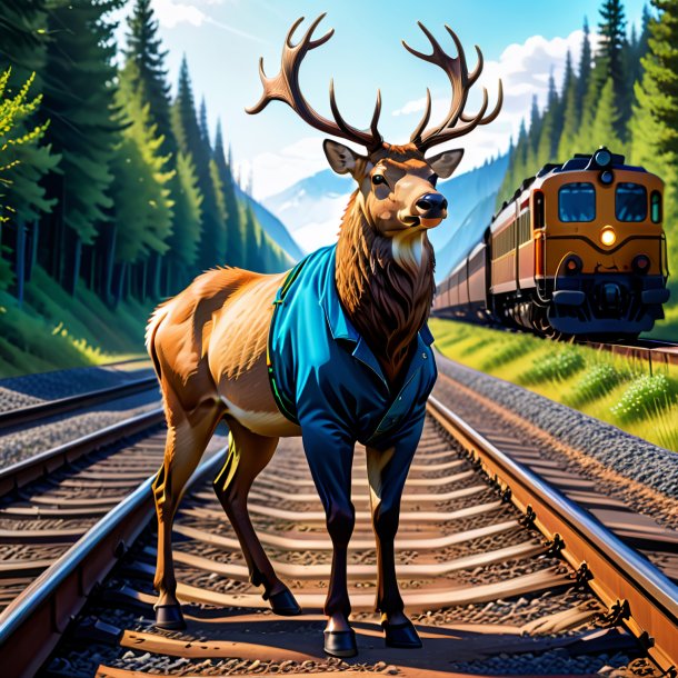 Drawing of a elk in a trousers on the railway tracks