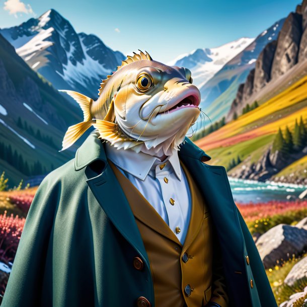 Image of a haddock in a coat in the mountains