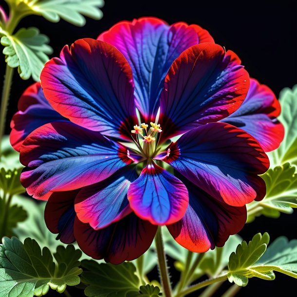 "photographie d'un géranium bleu marine, écarlate"