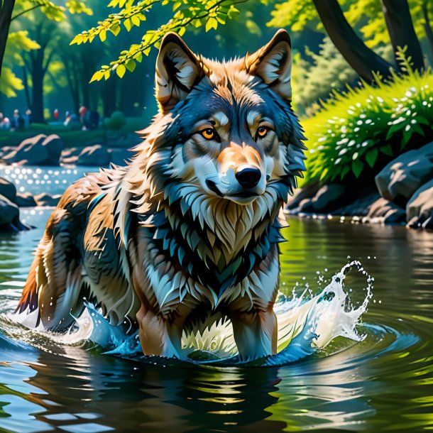 Picture of a swimming of a wolf in the park