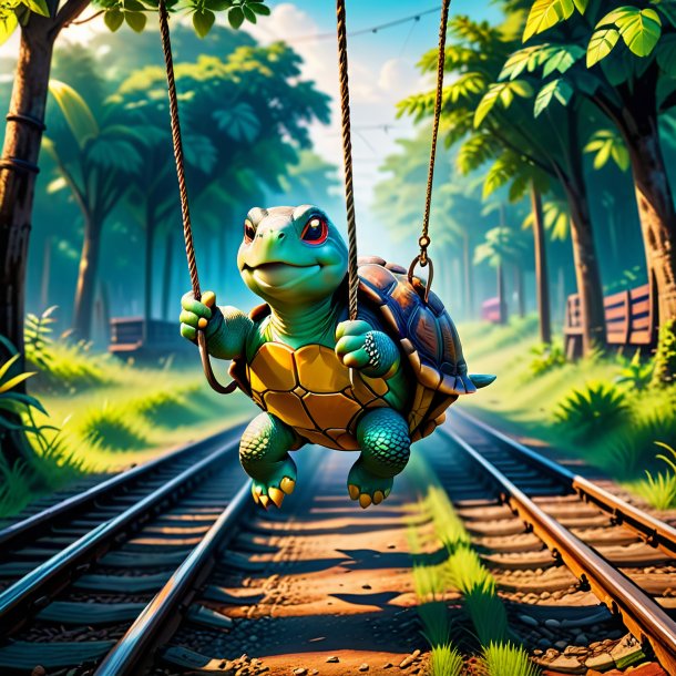 Image of a swinging on a swing of a turtle on the railway tracks