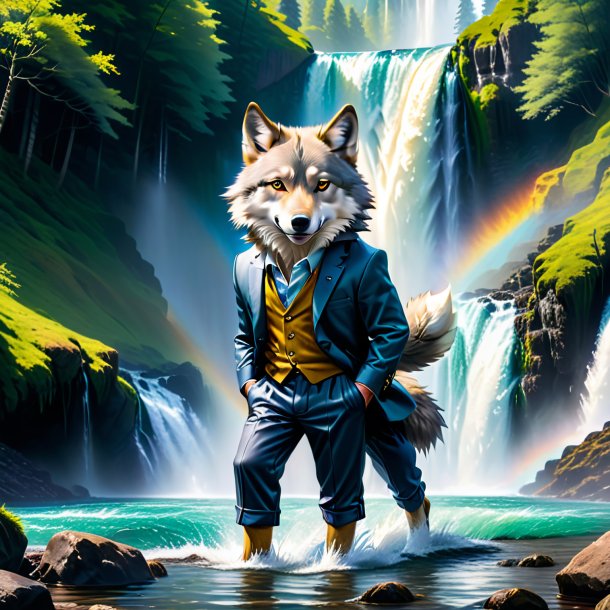 Photo of a wolf in a trousers in the waterfall