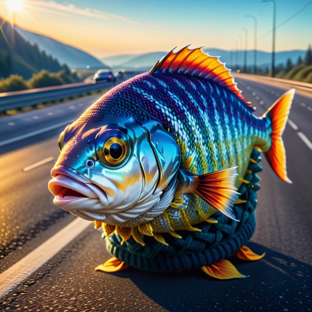 Pic of a fish in a sweater on the highway