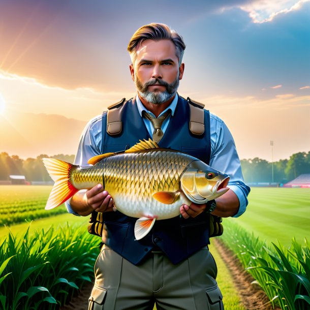 Image of a carp in a vest on the field