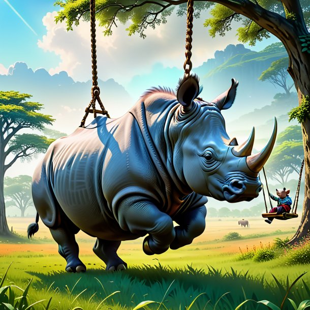 Image of a swinging on a swing of a rhinoceros in the meadow