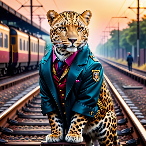 Foto de um leopardo em uma jaqueta nos trilhos ferroviários