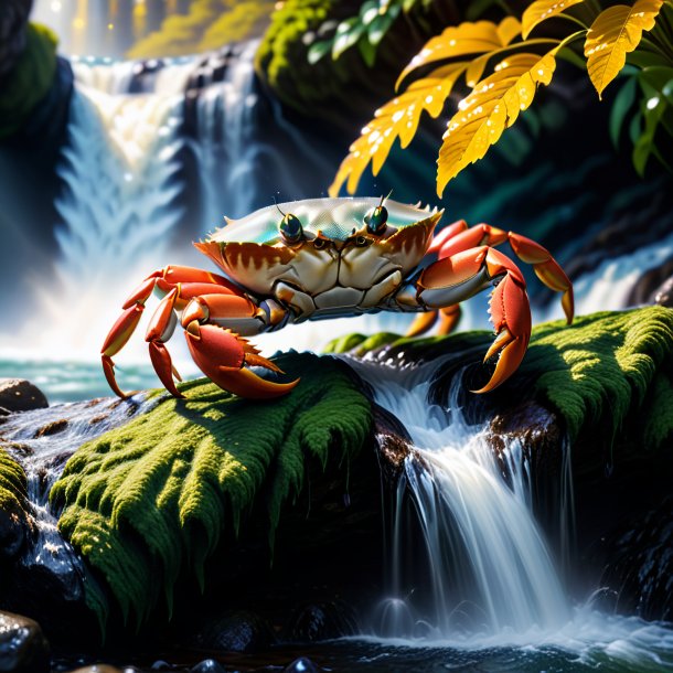 Photo of a crab in a sweater in the waterfall