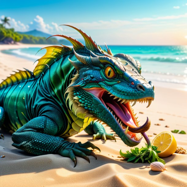 Image d'un repas d'un basilic sur la plage