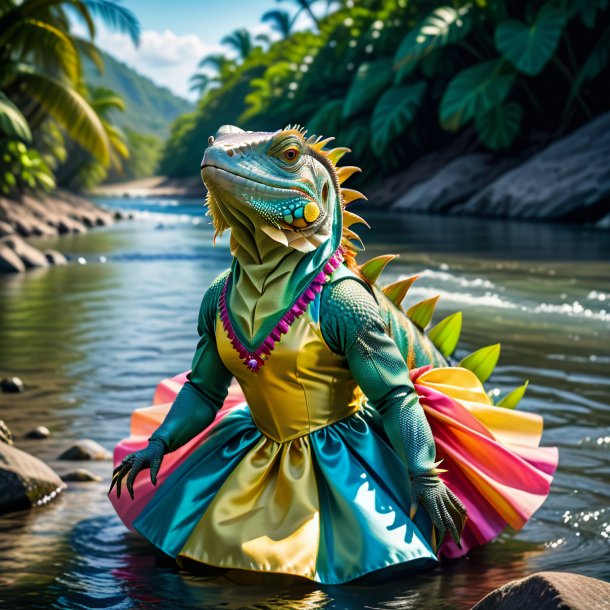 Foto de una iguana en un vestido en el río