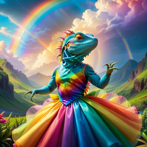 Foto de un lagarto en un vestido en el arco iris