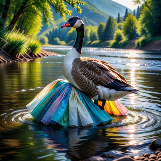 Photo of a goose in a skirt in the river