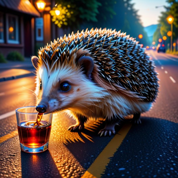 Picture of a drinking of a hedgehog on the road