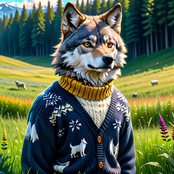 Image of a wolf in a sweater in the meadow