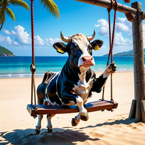 Picture of a swinging on a swing of a cow on the beach