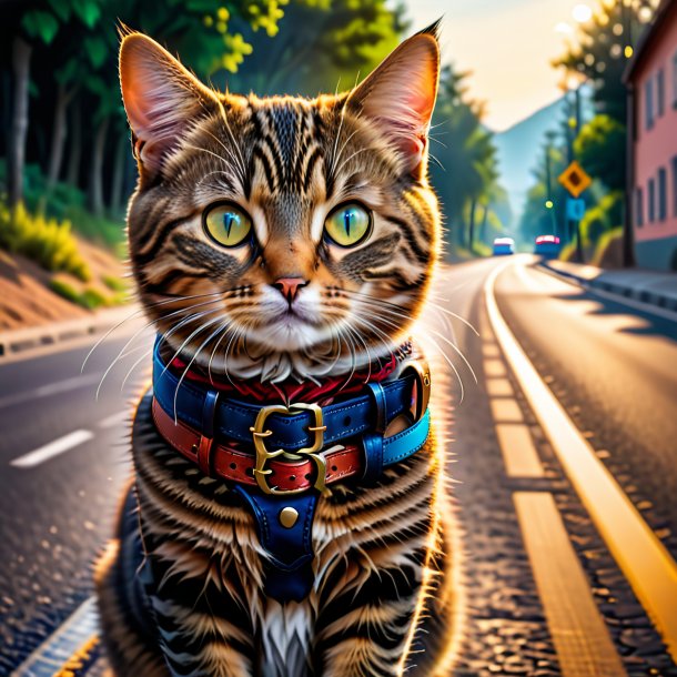 Photo of a cat in a belt on the road