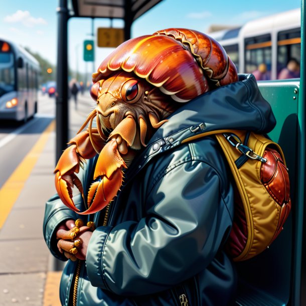 Drawing of a hermit crab in a jacket on the bus stop