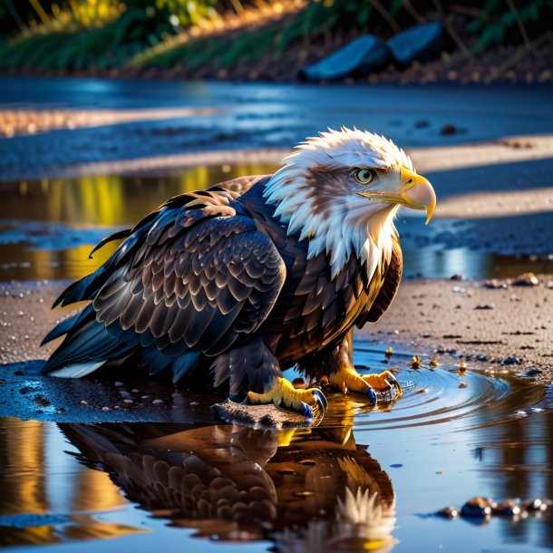 Image of a resting of a eagle in the puddle