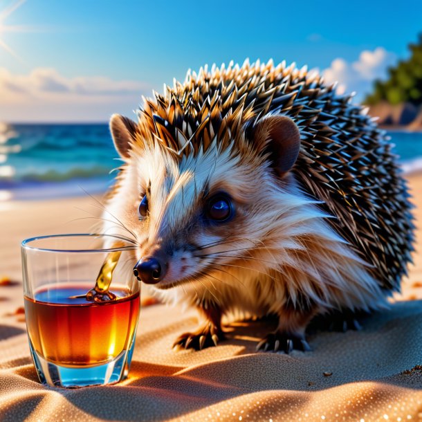 Photo of a drinking of a hedgehog on the beach