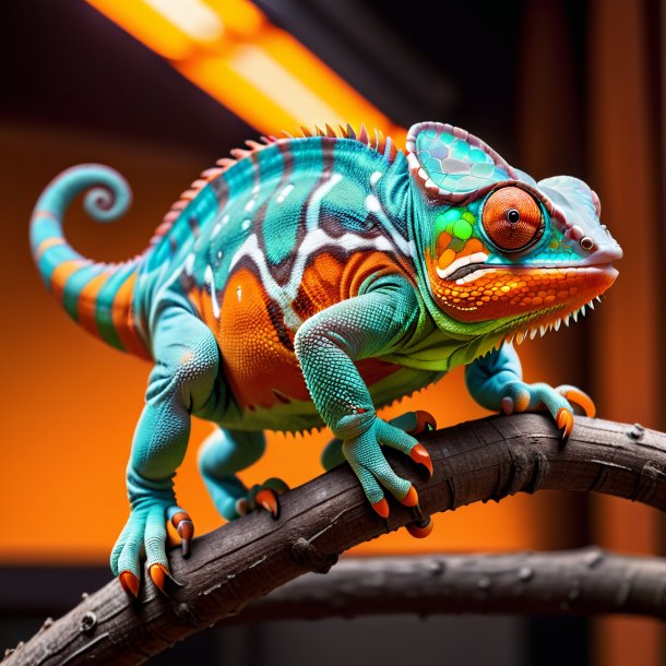 Photo of a chameleon in a orange shoes