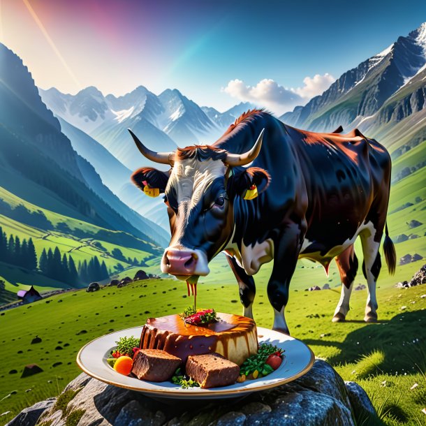 Image d'un repas d'une vache dans les montagnes