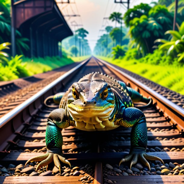 Foto de una natación de un lagarto monitor en las vías del tren