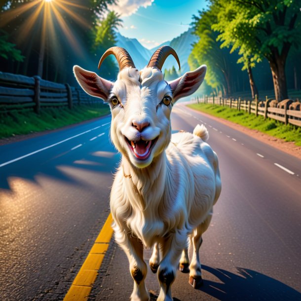 Image of a smiling of a goat on the road