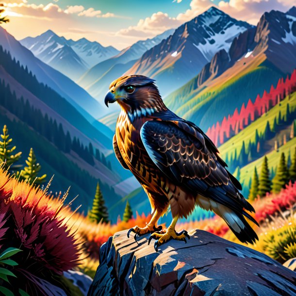 Photo of a hawk in a cap in the mountains