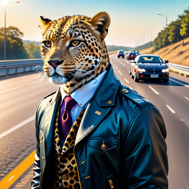 Desenho de um leopardo em uma jaqueta na estrada