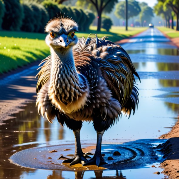 Pic of a emu in a belt in the puddle