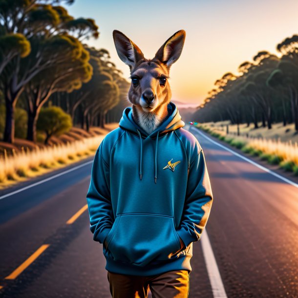 Foto de um canguru em um hoodie na estrada