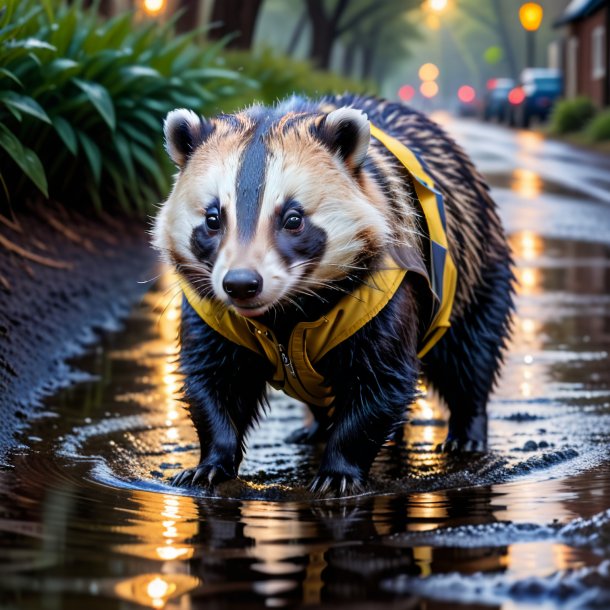 Pic of a badger in a vest in the puddle