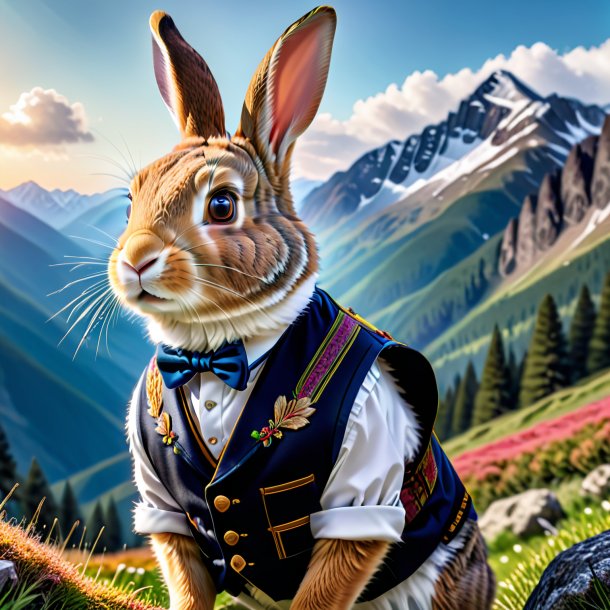 Image of a rabbit in a vest in the mountains