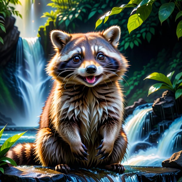 Image of a smiling of a raccoon in the waterfall