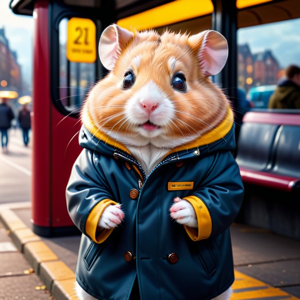 Imagem de um hamster em um casaco no ponto de ônibus