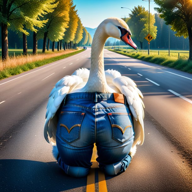 Image of a swan in a jeans on the road