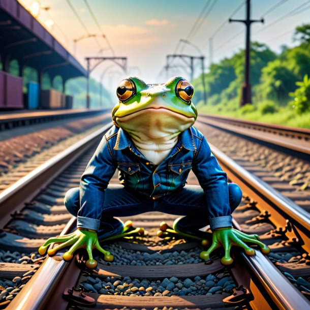 Imagen de una rana en un jeans en las vías del ferrocarril