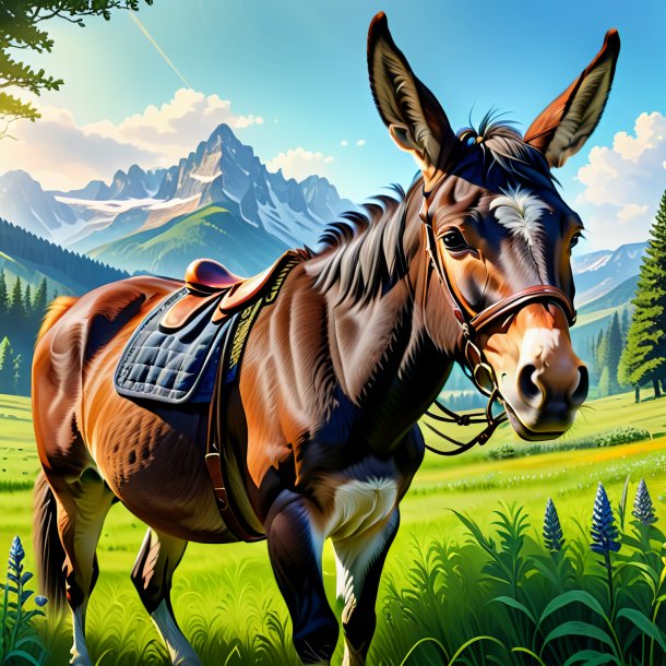 Illustration of a mule in a cap in the meadow